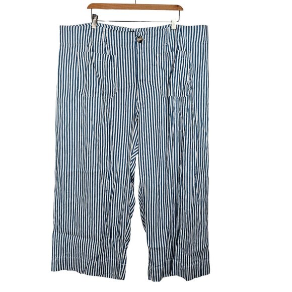 Anthropologie Maeve Colette Crop Linen Pants Wide Leg Blue Stripe 24W NWT - Picture 6 of 16